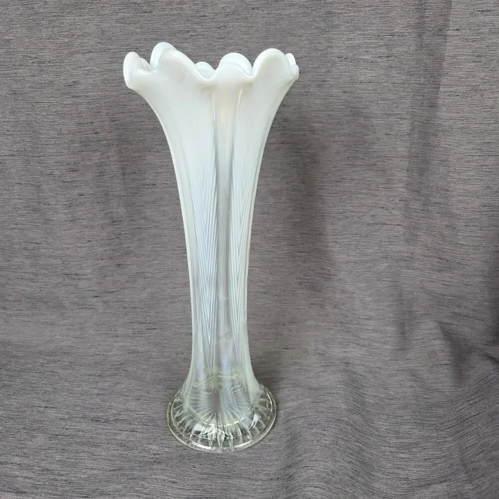 Vintage Fenton Opalescent Vase Strech Glass Swung Feathered White Ruffled 11.5